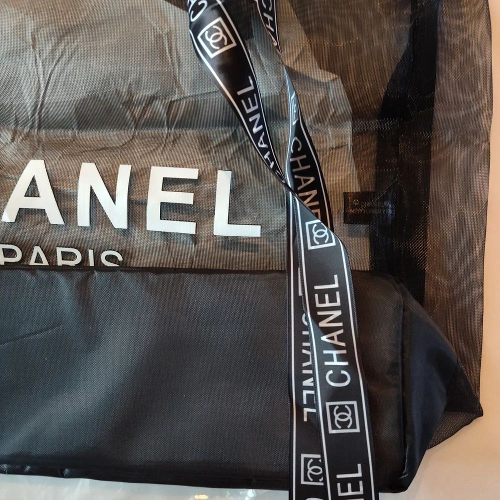 CHANEL Paris Mesh Tote & Pouch Set Black Chain Shoulder Bag Gold Hardware NIP - Picture 3 of 7